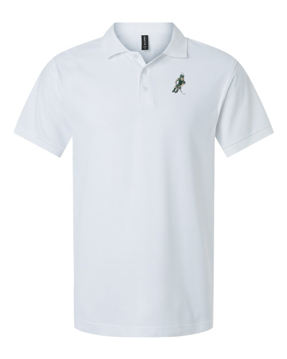 White Michigan State polo with Hockey Sparty on the left chest.