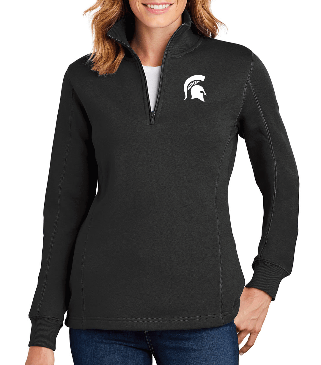 Black Michigan State Womens Quarter Zip with white Spartan Helmet logo