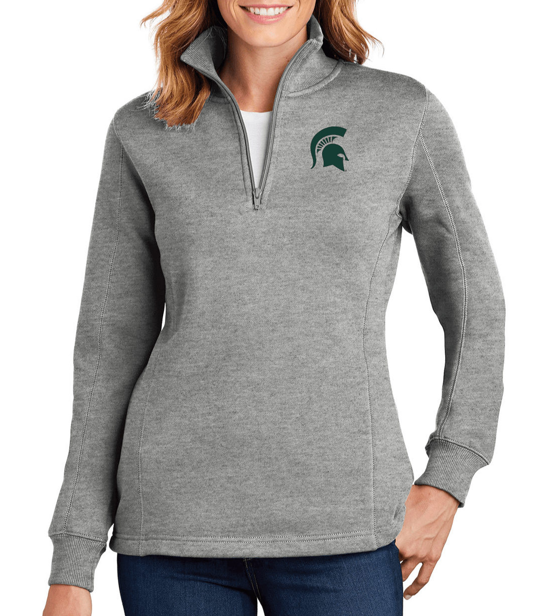 Grey Michigan State Womens Quarter Zip with green Spartan Helmet logo