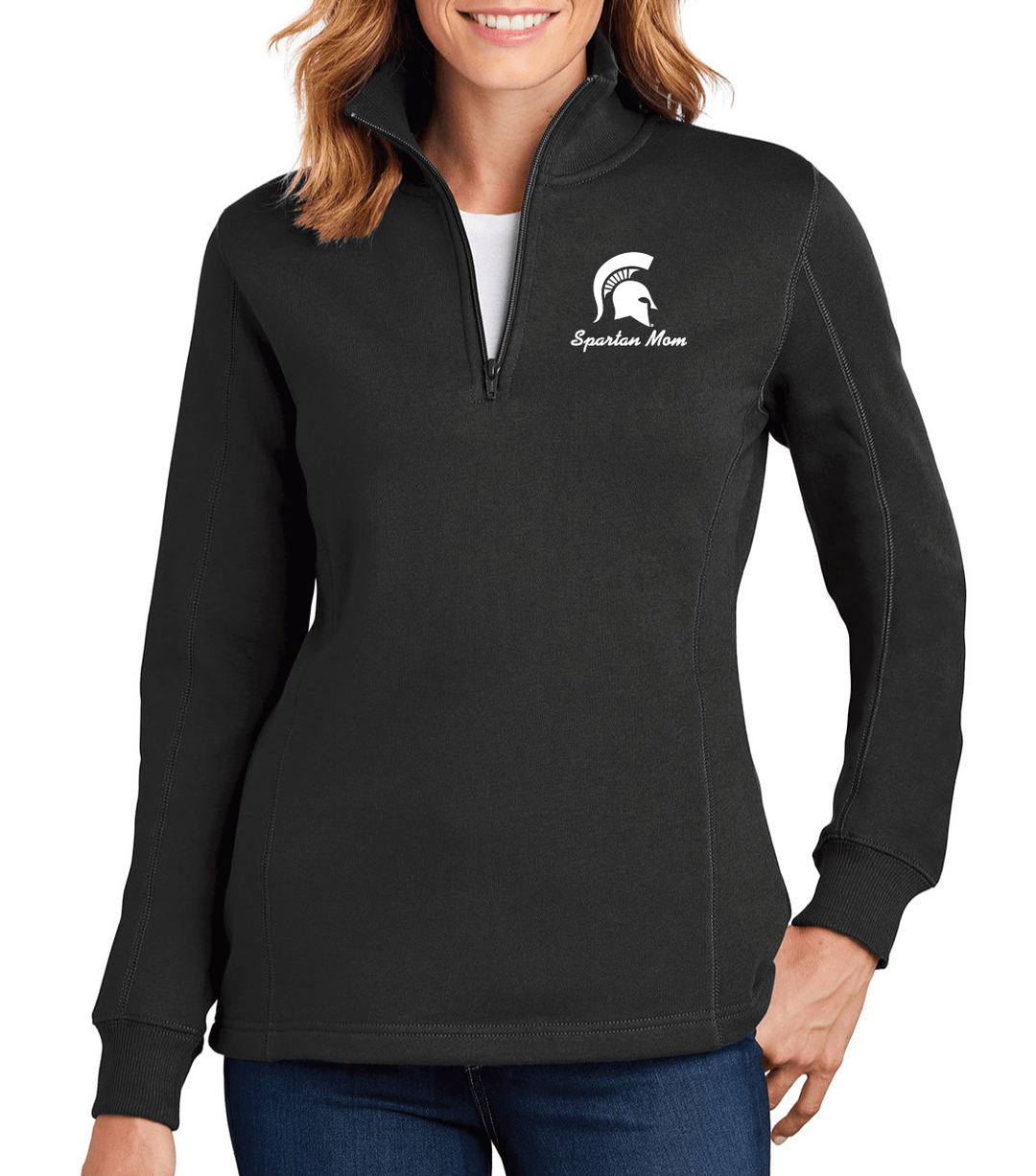 Michigan State Black Womens Quarter-zip with Spartan Mom embroidered on left chest on female model with White background