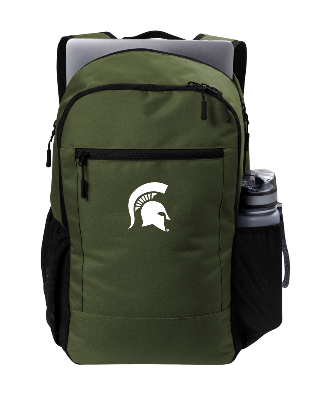 Front view of a green Michigan State backpack with a white Spartan Helmet logo on the front pocket