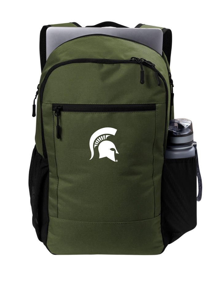 Front view of a green Michigan State backpack with a white Spartan Helmet logo on the front pocket