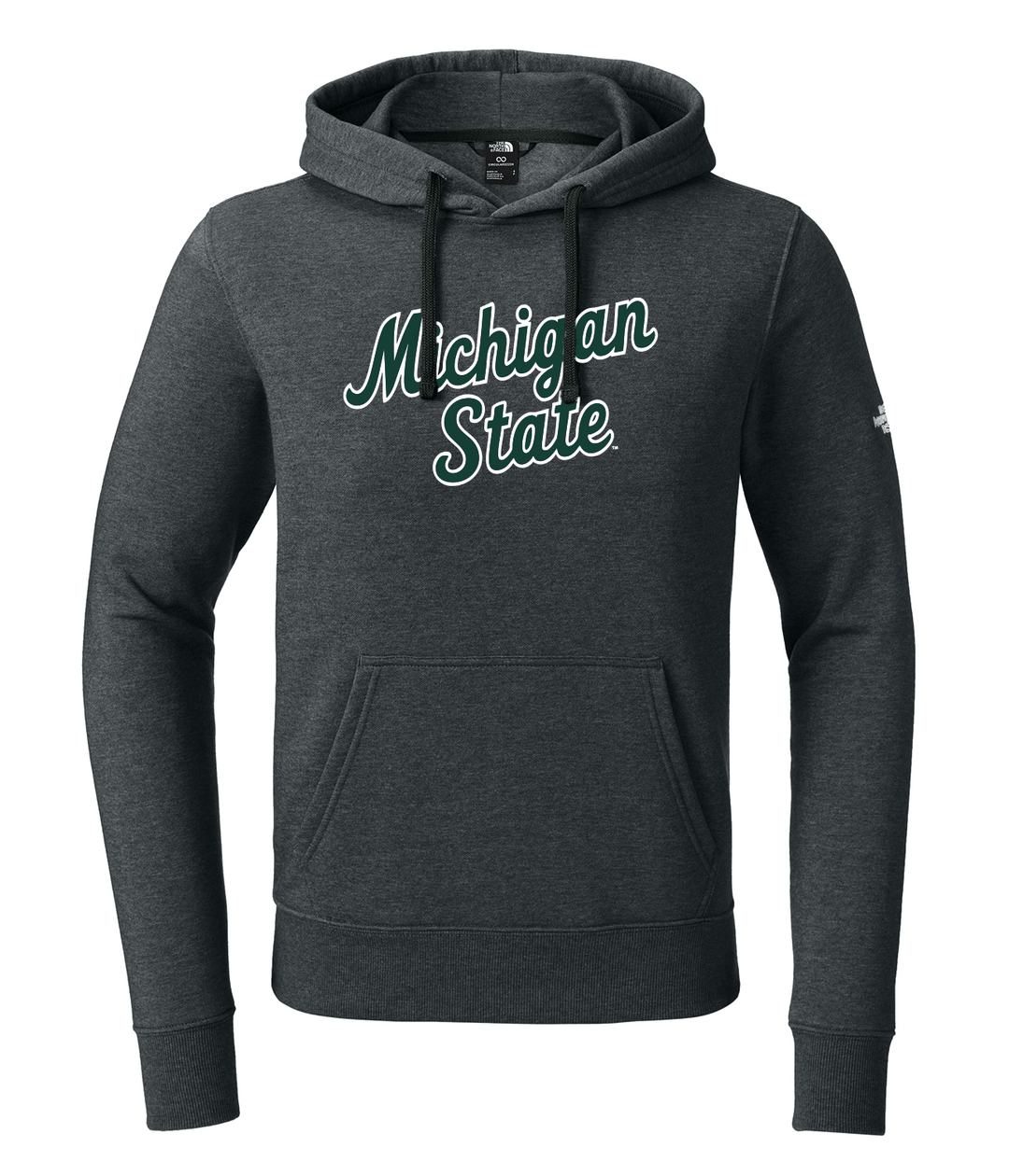 Front view of the Michigan State North Face sweatshirt hoodie from Nudge Printing