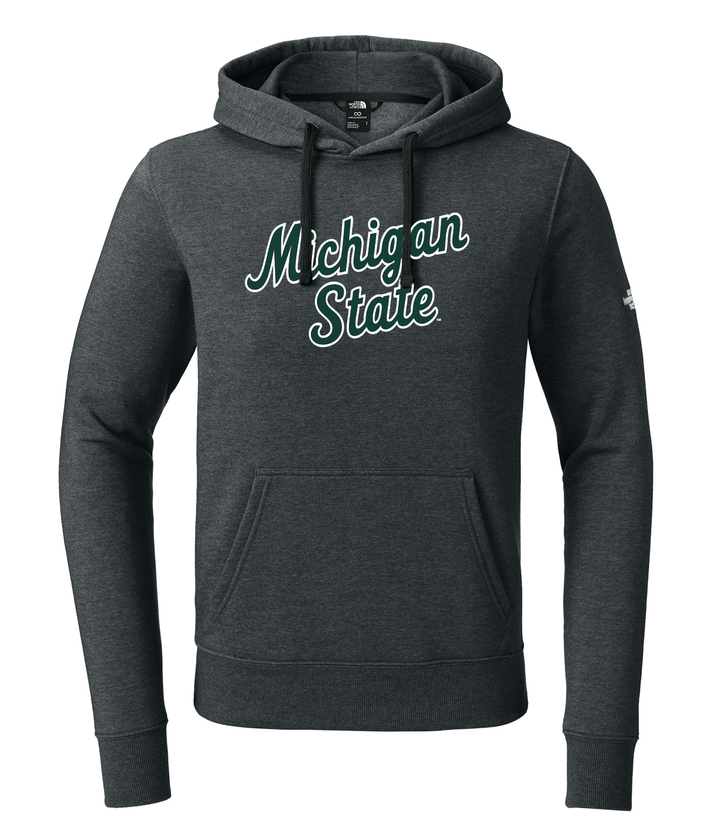 Front view of the Michigan State North Face sweatshirt hoodie from Nudge Printing