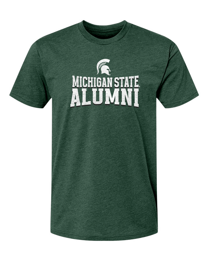 Green t-shirt with Michigan State Alumni text and Spartan logo on a white background