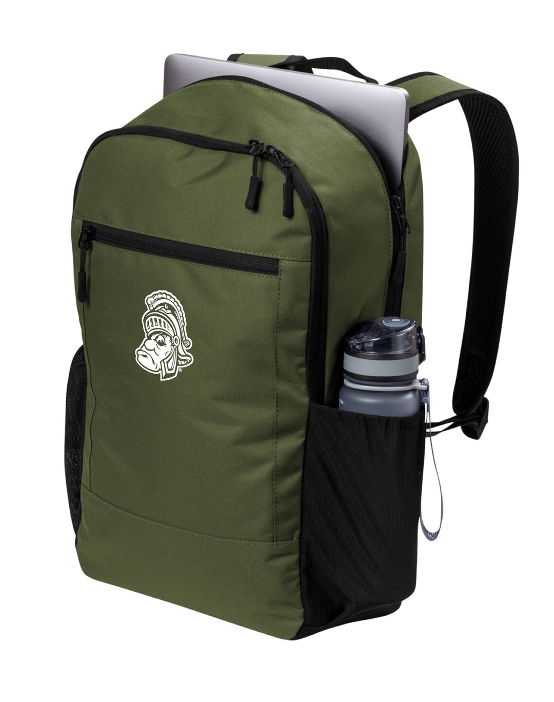Side angle view of a green Michigan State backpack with a white Gruff Sparty logo embroidered on the front. 