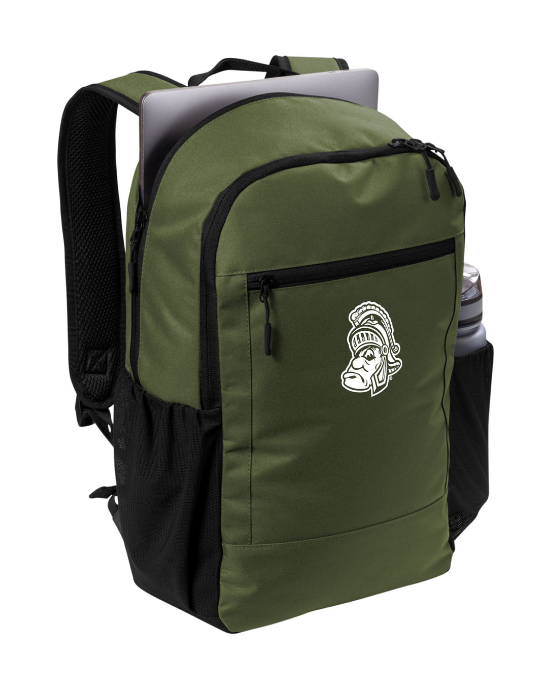 Angled view of a green Michigan State backpack with a white Gruff Sparty logo embroidered on the front pocket. 