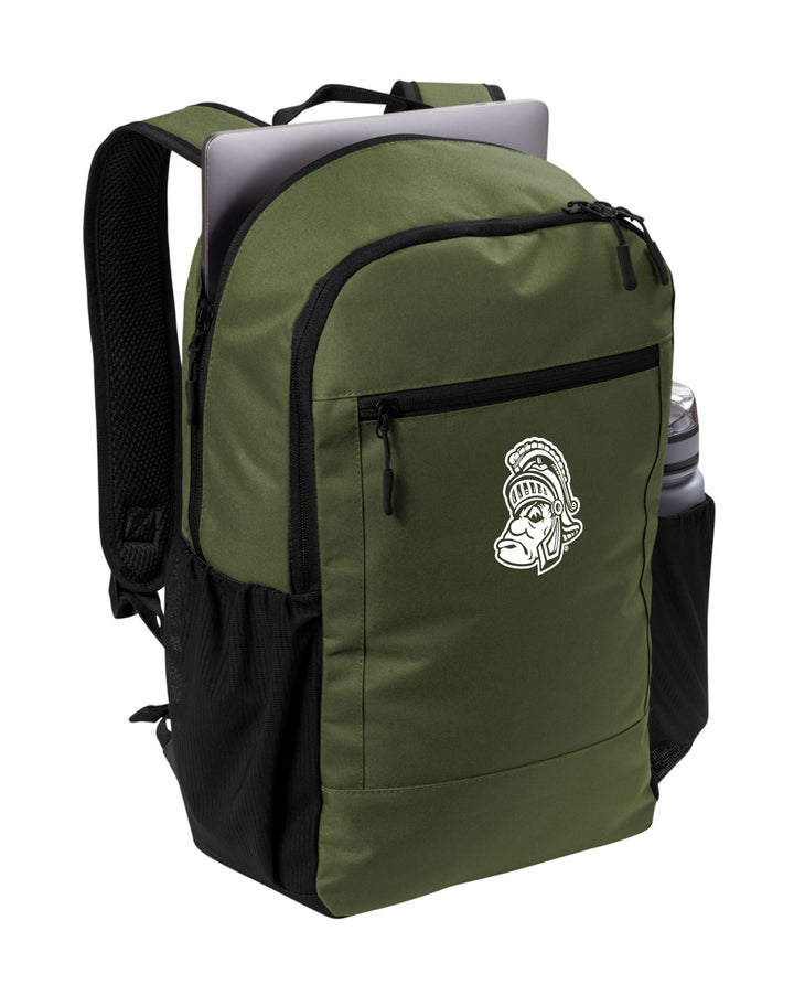 Angled view of a green Michigan State backpack with a white Gruff Sparty logo embroidered on the front pocket. 