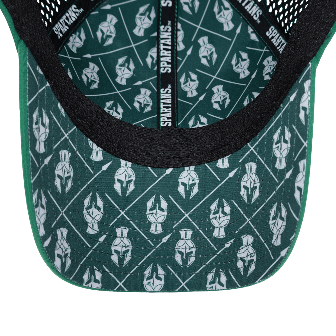 Inside view of a Michigan State hat with custom Spartan helmet and spear printed under the bill
