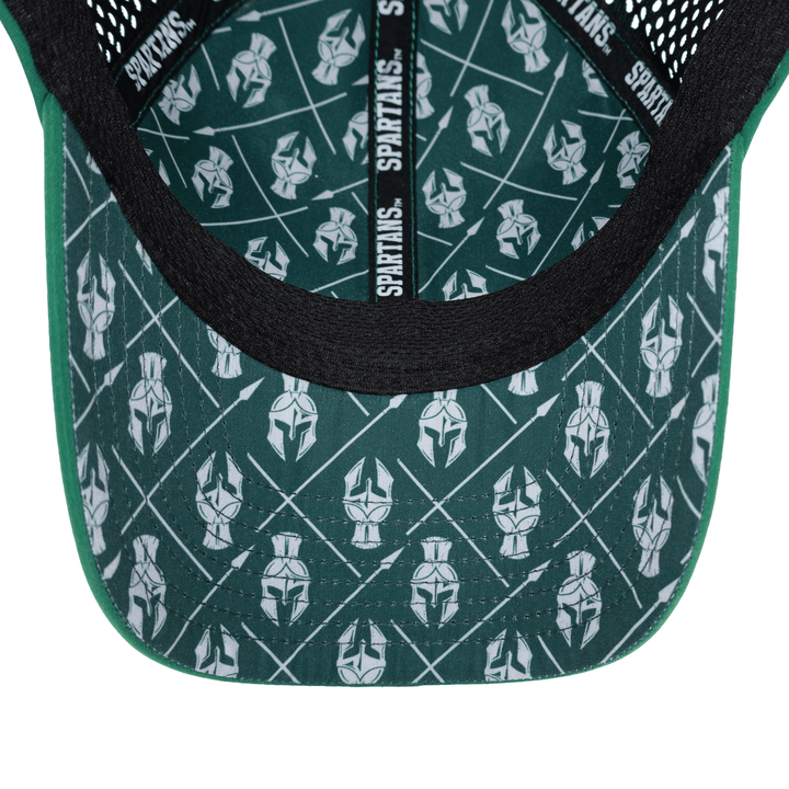Inside view of a Michigan State hat with custom Spartan helmet and spear printed under the bill