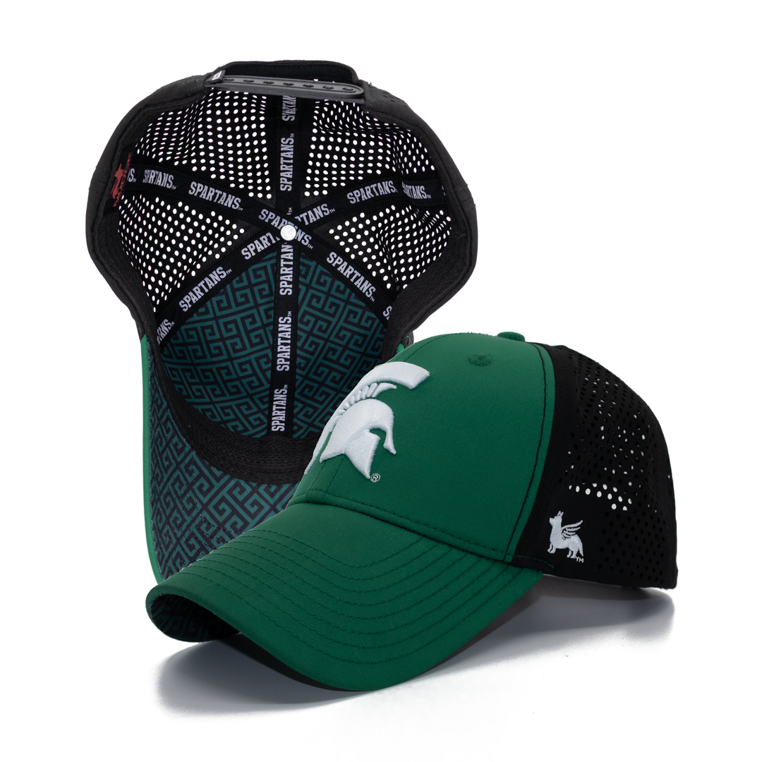 Michigan State hat featuring a white embroidered Spartan Helmet logo and an inside custom pattern.