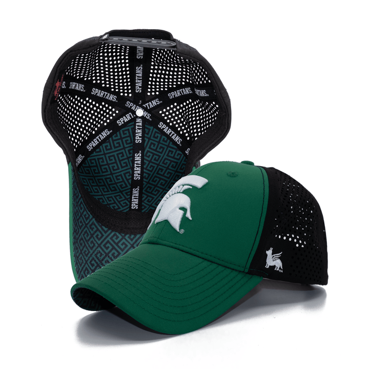 Michigan State hat featuring a white embroidered Spartan Helmet logo and an inside custom pattern.