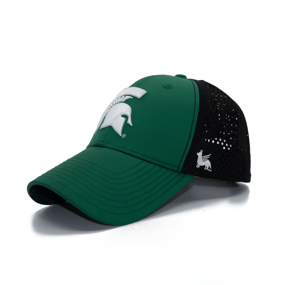Green and black Michigan State hat with embroidered Spartan helmet on the front in white thread.