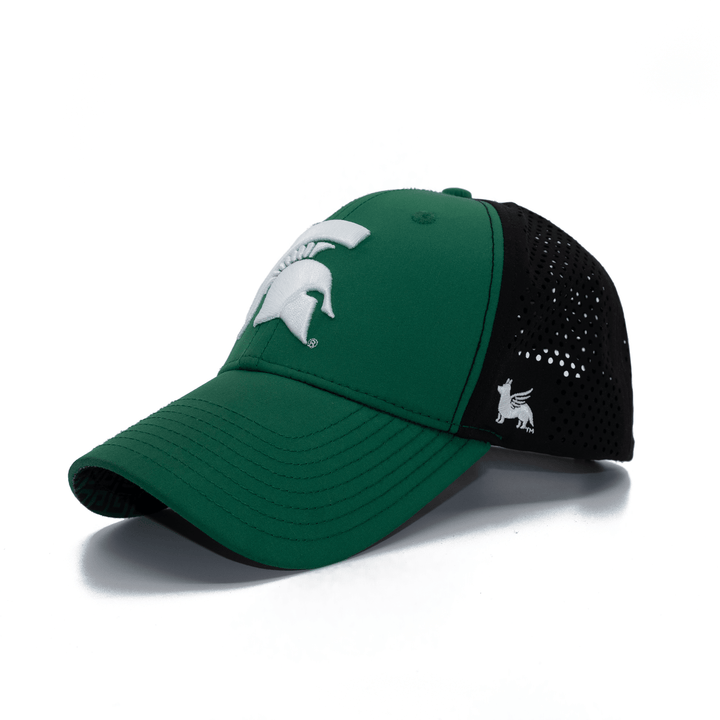 Green and black Michigan State hat with embroidered Spartan helmet on the front in white thread.