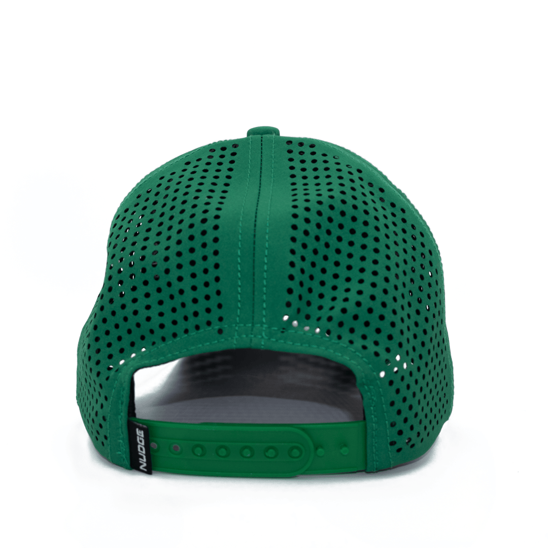 Back view of green Michigan State hat showing adjustable snapback closure and laser cut ventilation holes. 