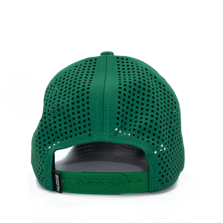 Back view of green Michigan State hat showing adjustable snapback closure and laser cut ventilation holes. 