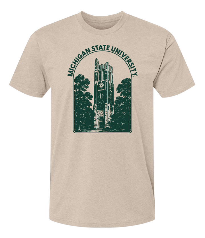 Beige t-shirt with Michigan State University logo featuring a tower and trees on a white background