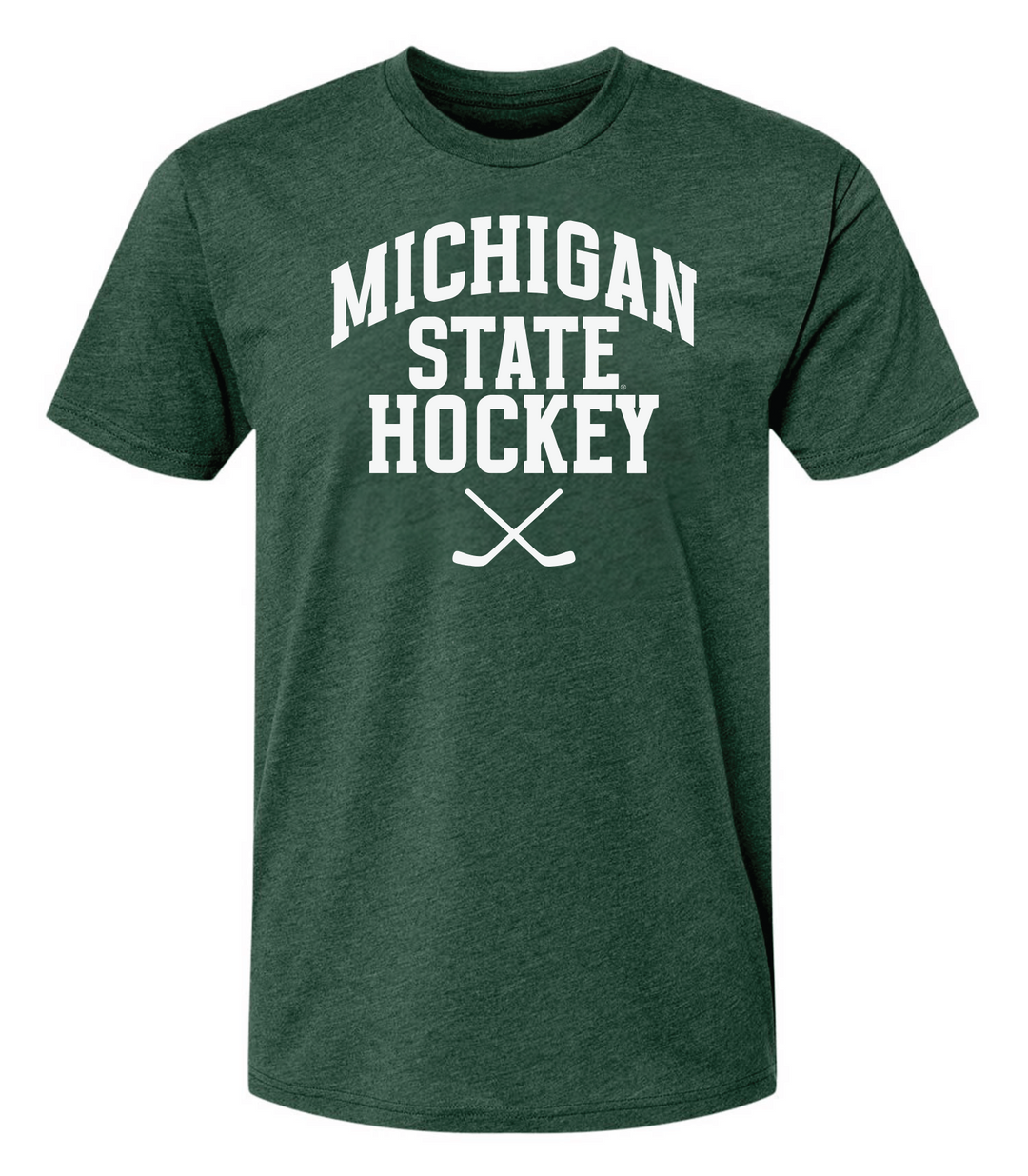 Michigan State Hockey Sticks logo on Heather forest green short sleeve shirt on white background