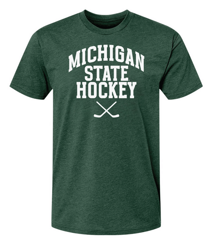 Michigan State Hockey Sticks logo on Heather forest green short sleeve shirt on white background