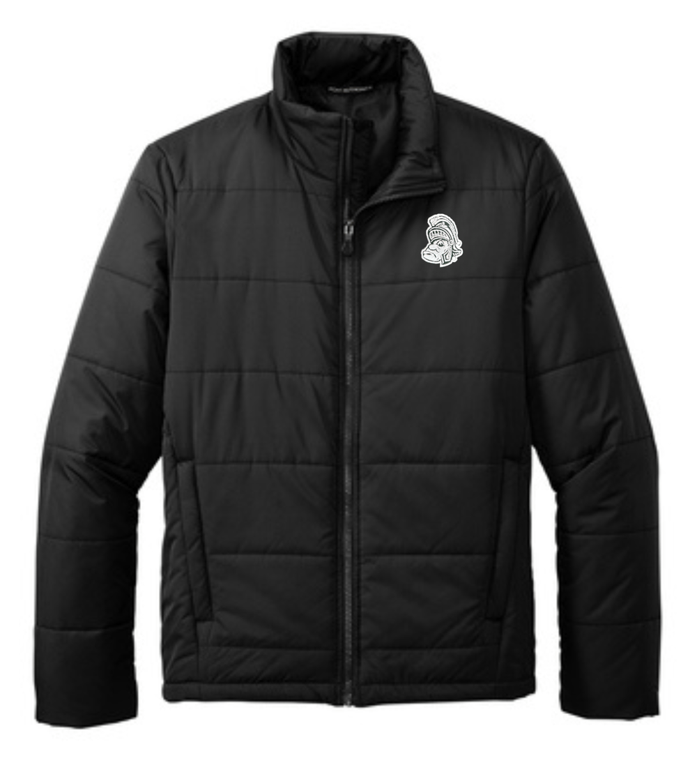 Michigan State University Black Puffer Jacket with Gruff Sparty on White Background