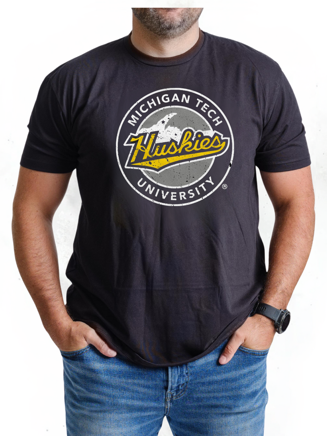 Michigan Tech Huskies Circular UP Shield Unisex T-shirt on Model