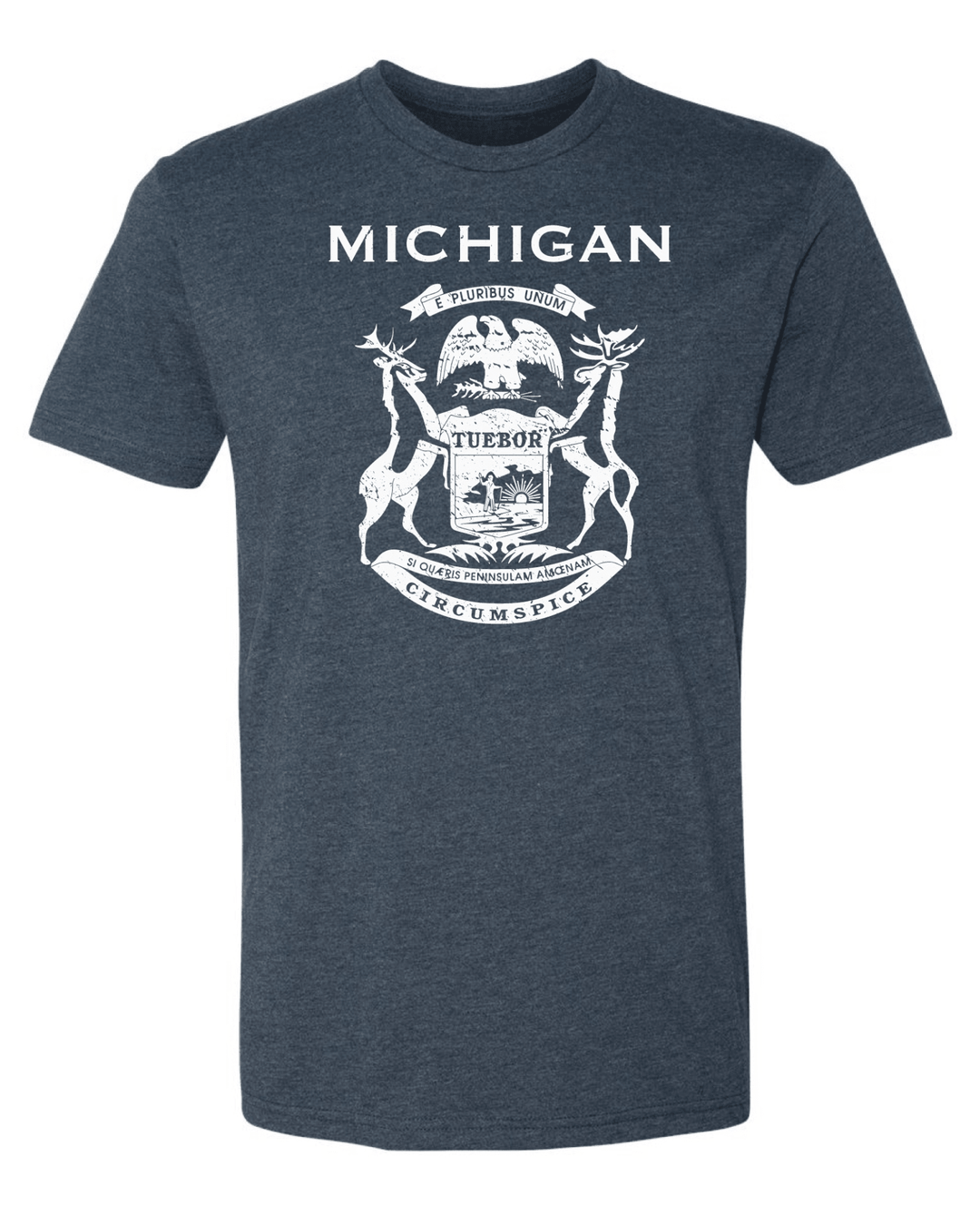 A heather navy blue short-sleeve t-shirt with a white distressed graphic of the Michigan state coat of arms and the word &