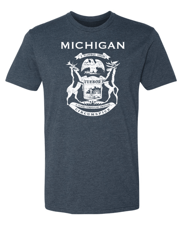 A heather navy blue short-sleeve t-shirt with a white distressed graphic of the Michigan state coat of arms and the word &