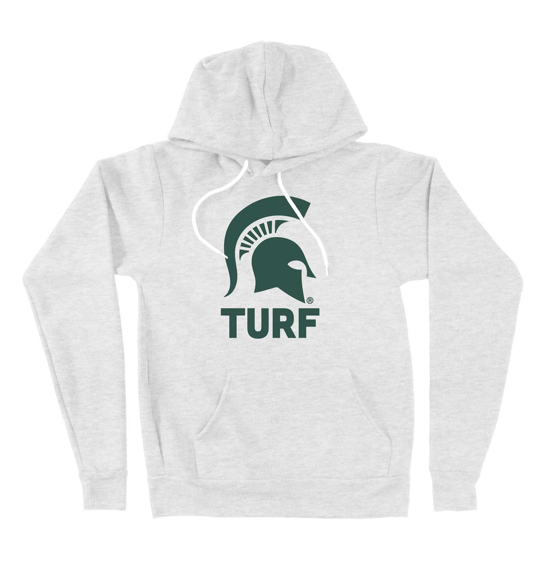 Ash white Michigan State hooded sweatshirt with the MSU Turf logo printed on the chest in green ink