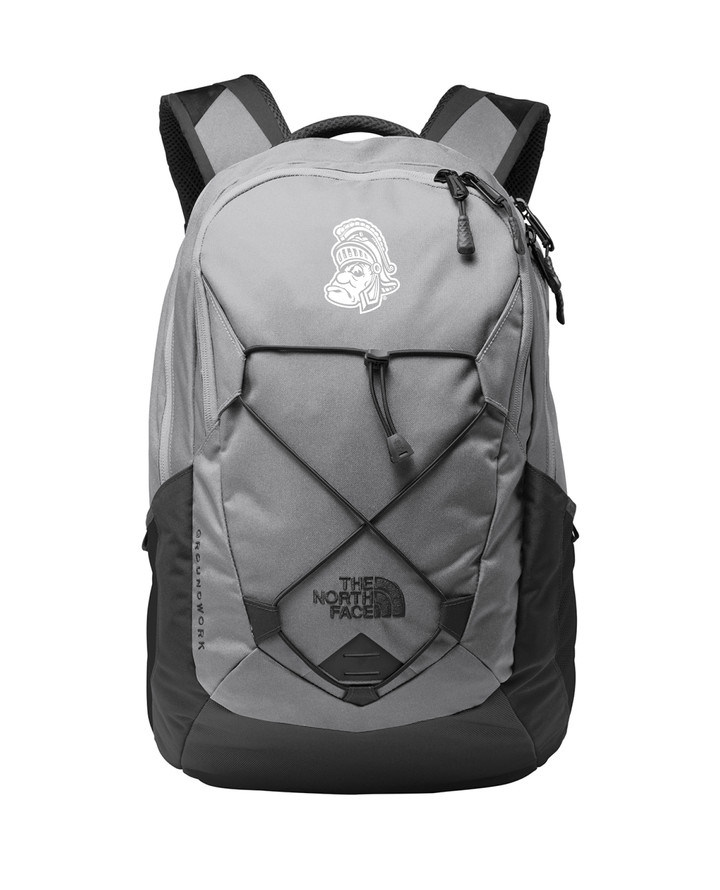 Grey Michigan State North Face jacket with white Gruff Sparty logo embroidered on the front. 
