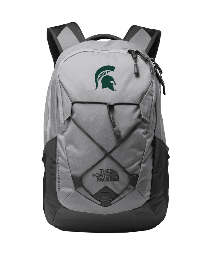 Grey Michigan State North Face grey backpack with green Spartan Helmet logo embroidered on the front. 