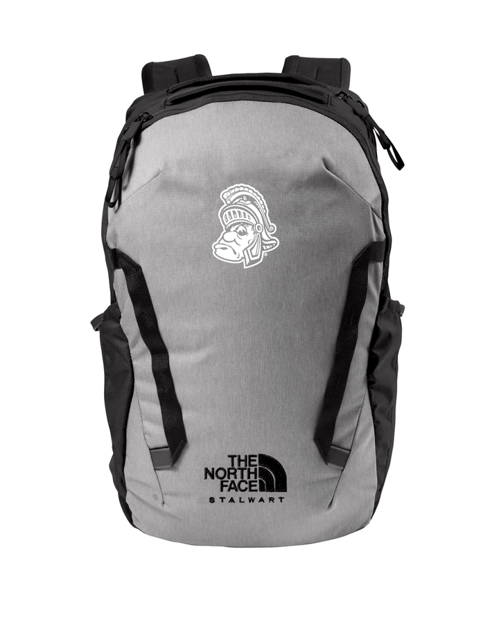 Front view of a grey Michigan State North Face Stalwart backpack with a white Gruff Sparty logo embroidered on the front.