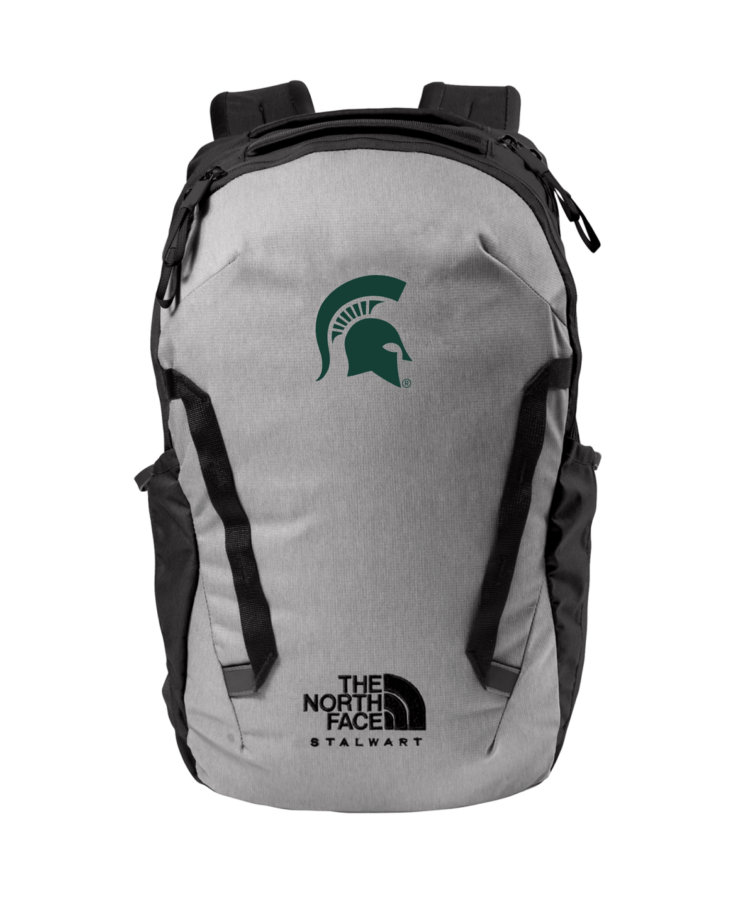 Front view of a Michigan State grey North Face backpack which has a green Spartan Helmet embroidered on the front. 