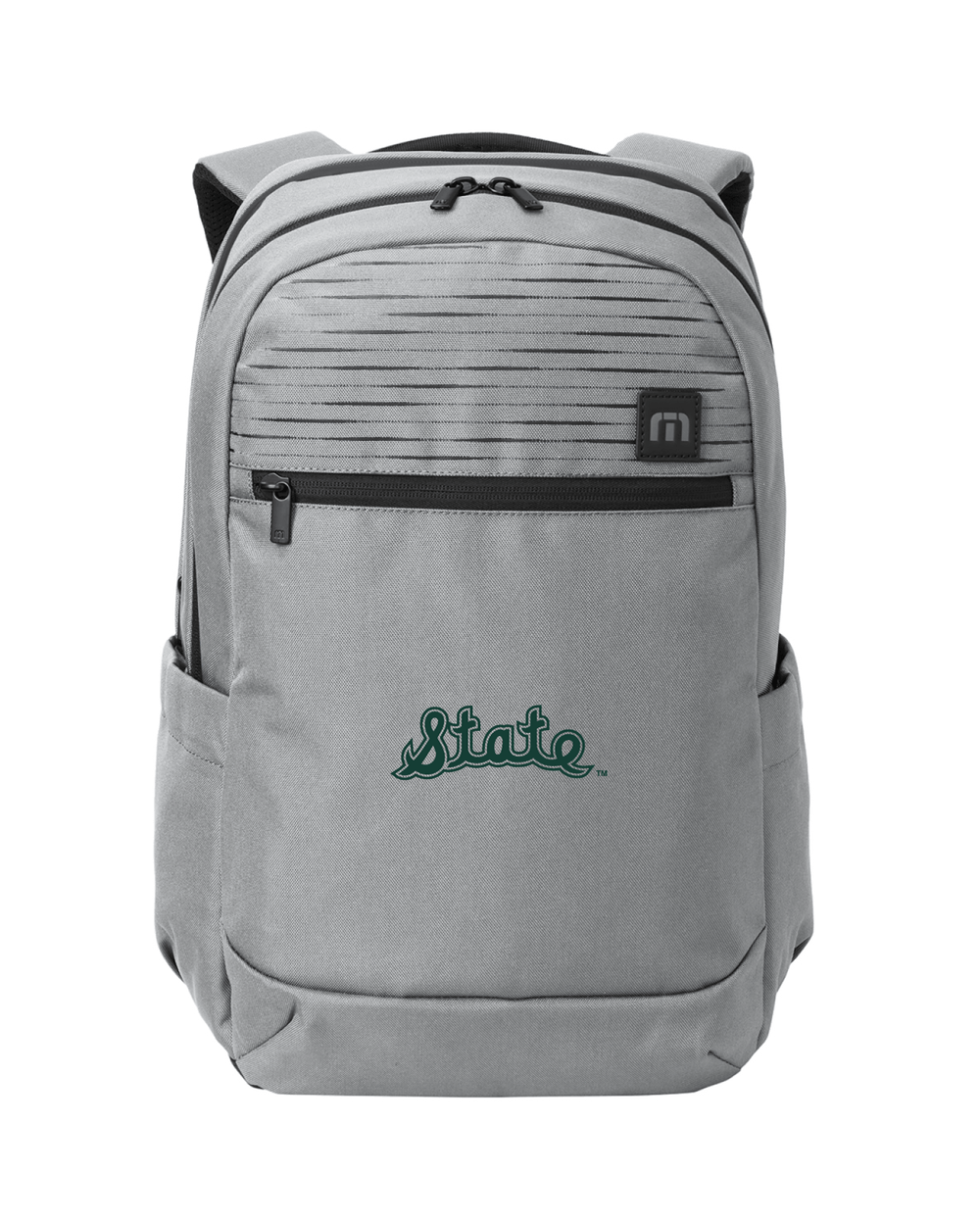 Front view of a grey Michigan State Travis Mathew backpack