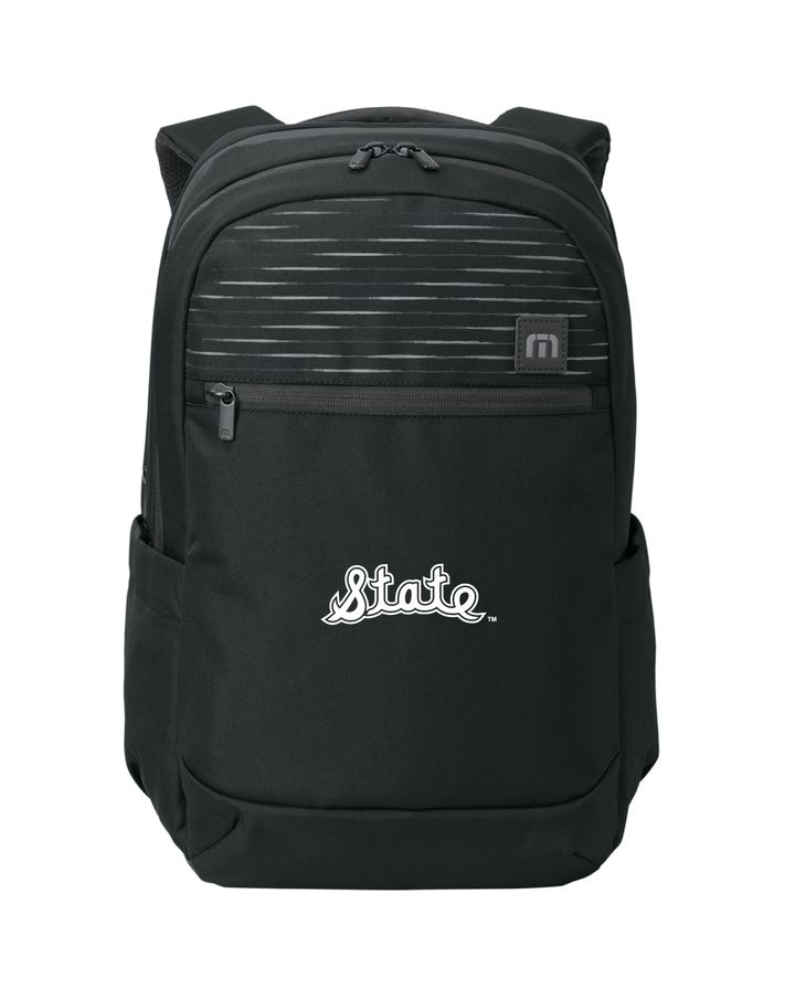 Black Travis Mathew backpack for Michigan State University with white embroidered State Script logo