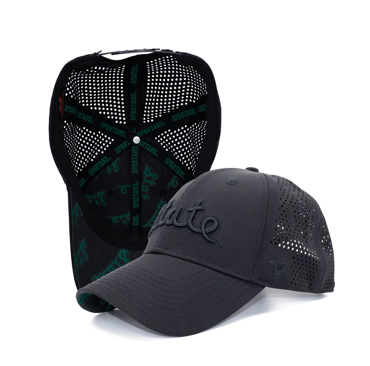 Black on black Michigan State Cursive State Script premium performance hat from Nudge Printing