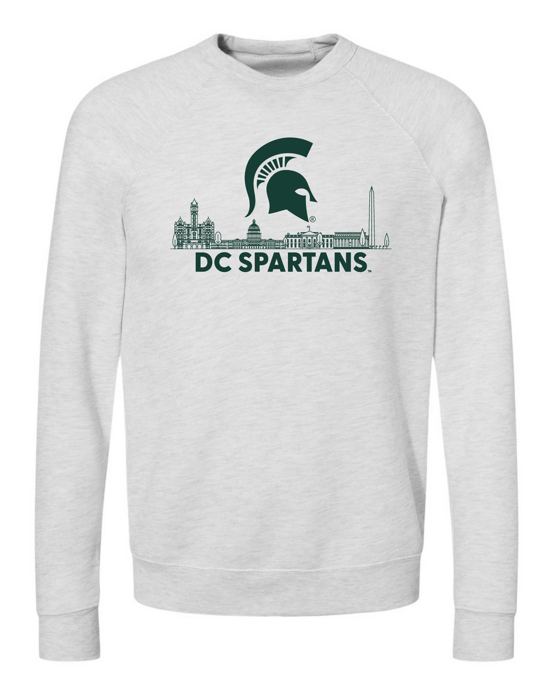Ash white Michigan State crewneck sweatshirt sporting the DC Spartans Alumni Group logo in green ink across the chest