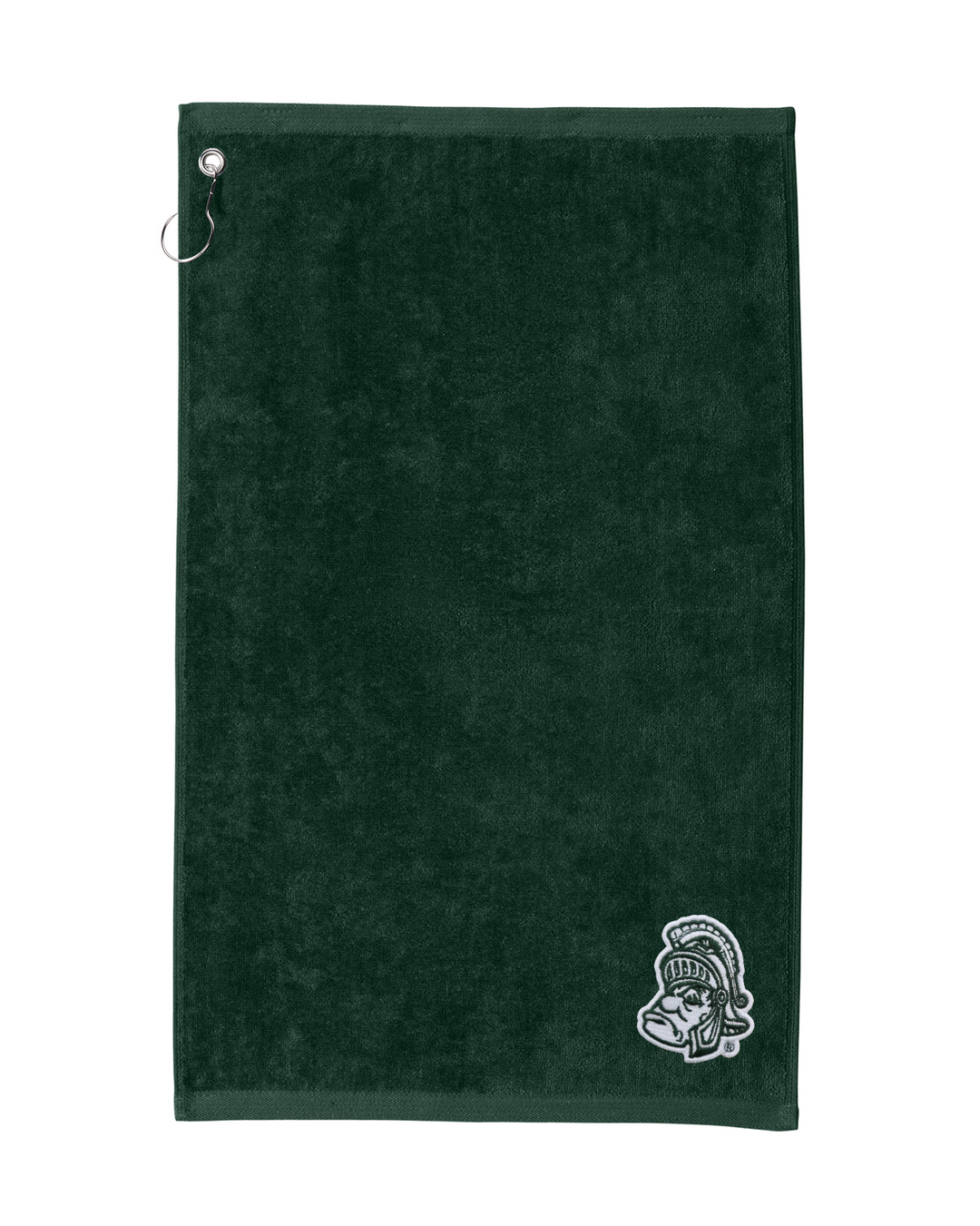 A dark green plush golf towel with a silver metal grommet on the left edge and a white embroidered Michigan State Spartans Gruff Sparty logo in the bottom right corner, shown against a plain white background.