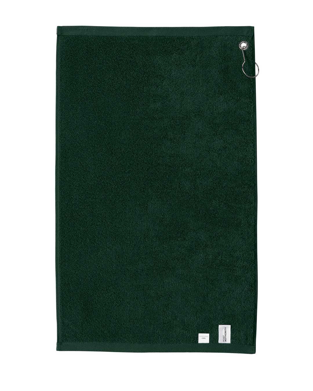 Black towel with a brand logo on a white background