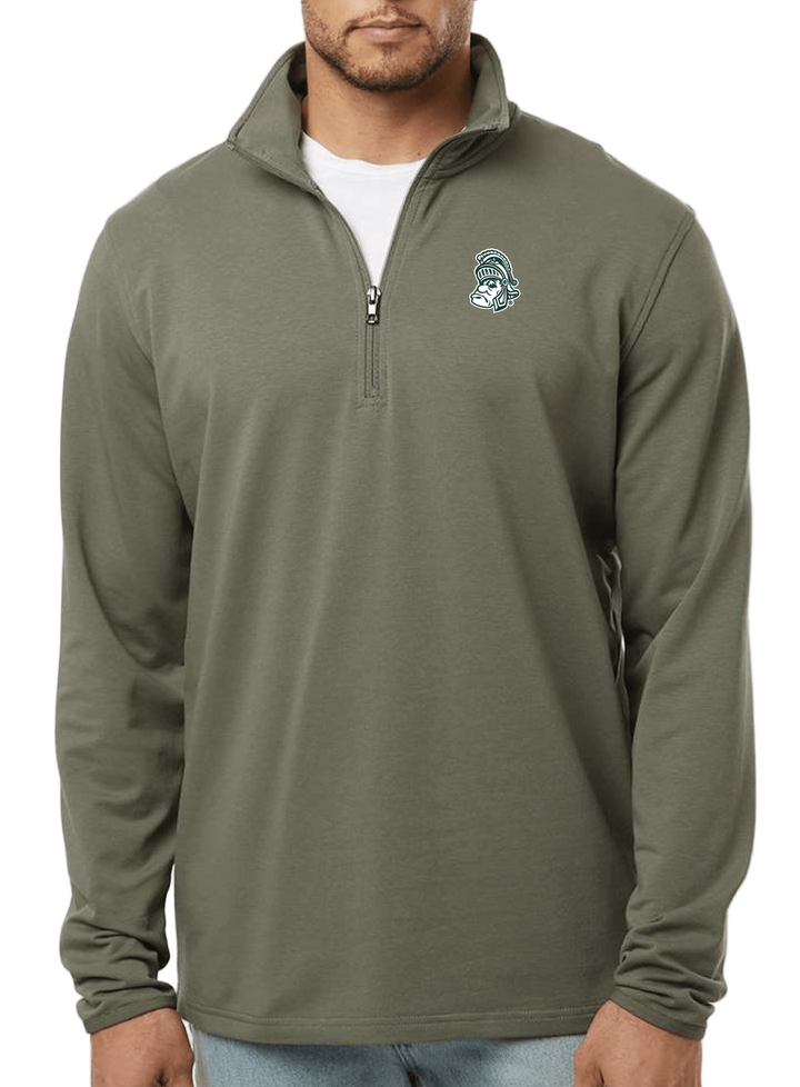 Michigan State Green Quarter-zip with Gruff Sparty on Male Model on white background
