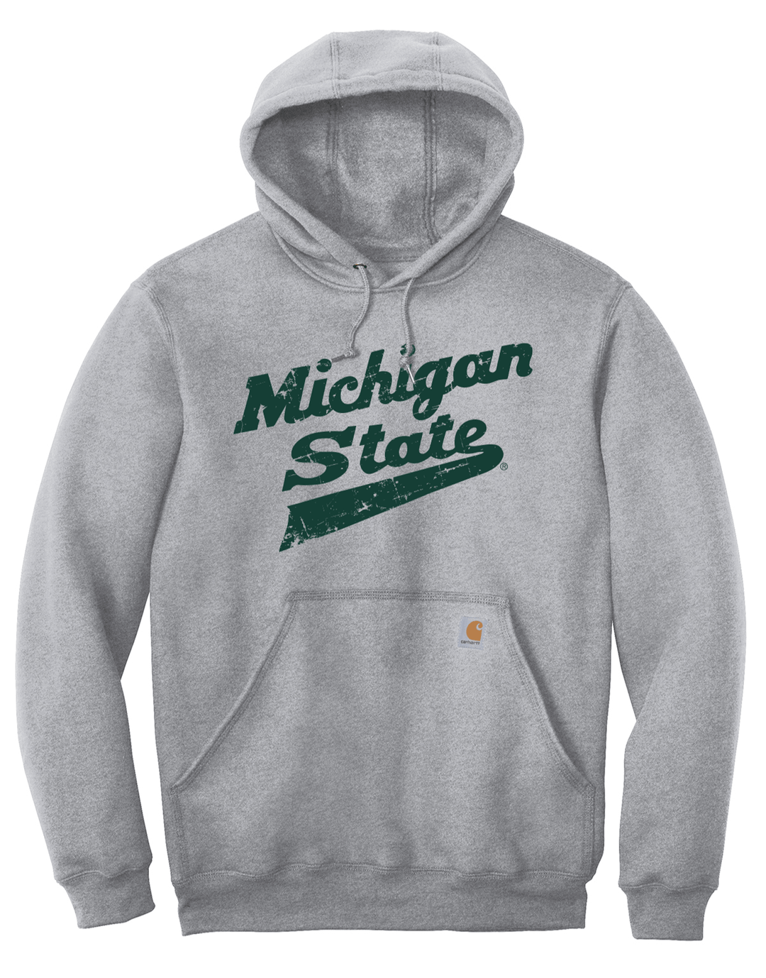 Heather grey Carhartt sweatshirt hoodie for Michigan State and featuring a green script "Michigan State" logo printed on the chest. 