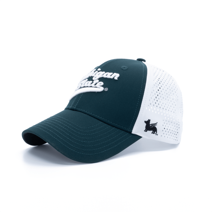 Angled view of the green and white Michigan State hockey hat from Nudge Printing