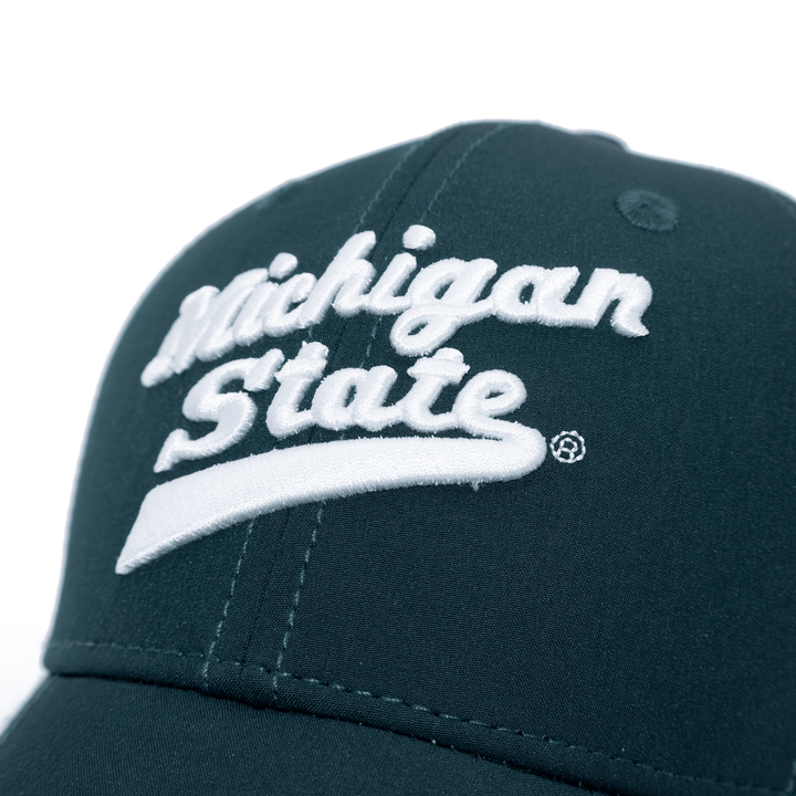 Green and white Michigan State Hockey hat embroidery close up from Nudge Printing