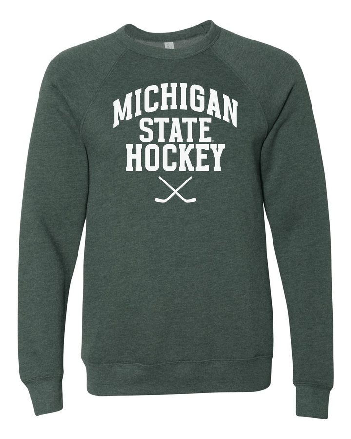 Michigan State Hockey Sticks logo on Green Crewneck Sweatshirt on white background