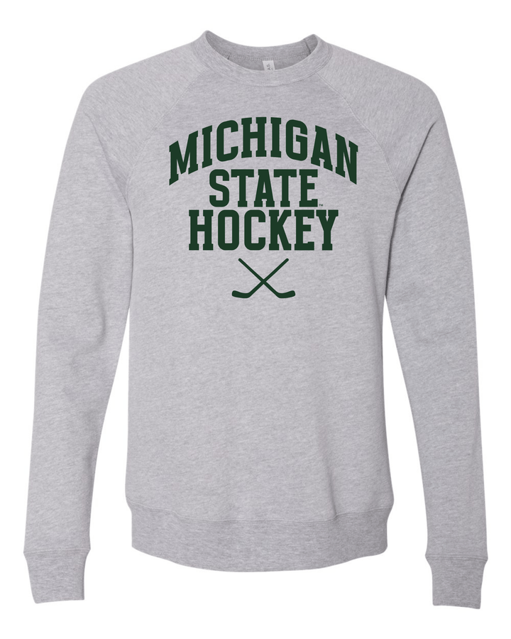 Michigan State University Hockey Sticks logo on athletic heather grey crewneck sweatshirt on white background