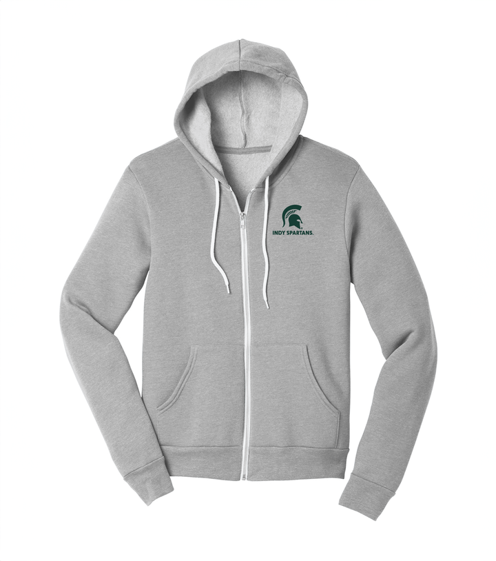 Front view of a light gray Michigan State zip up hoodie with a green Indy Spartans logo embroidered on the left chest. 