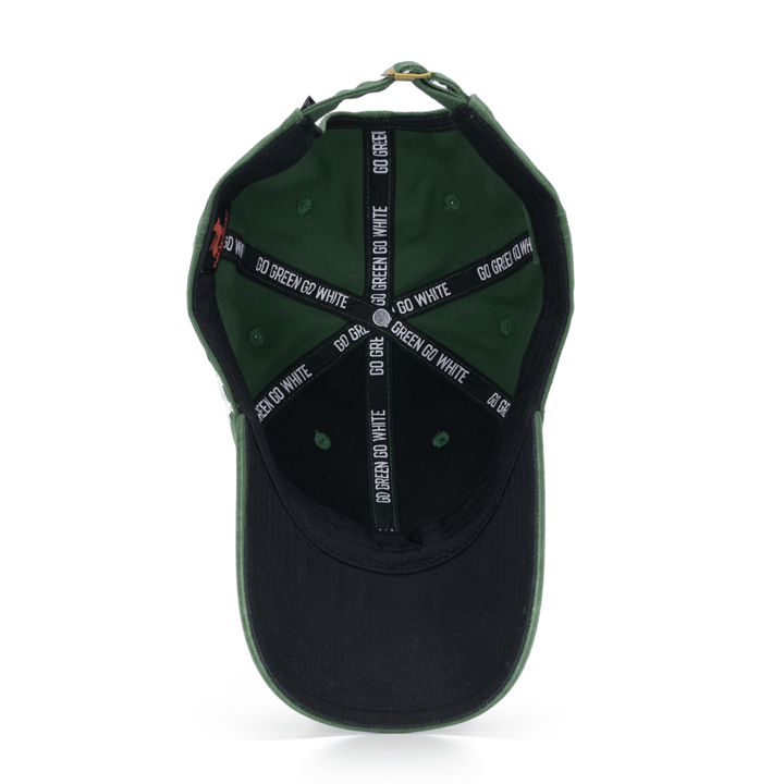 Custom branded MSU dad hat with "Go Green Go White" printed seam tape and black lining and underbill. 