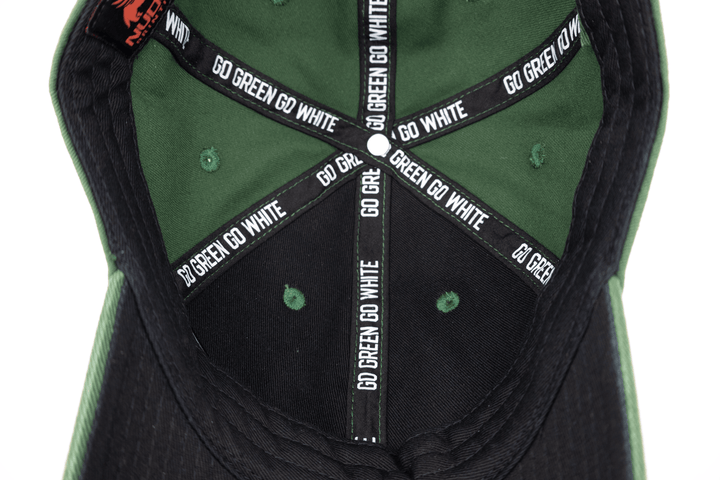 Fully custom Michigan State interior featuring "Go Green Go White" printed seam tape and black lining and underbill. 