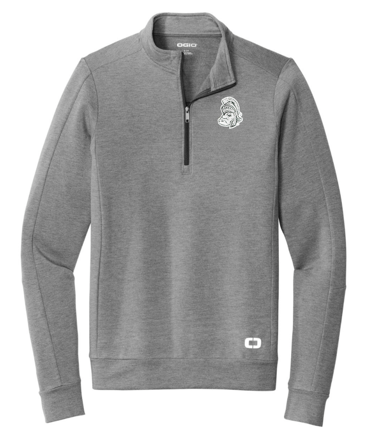Michigan State Light Grey OGIO Quarter-zip with Gruff Sparty Logo on White Background