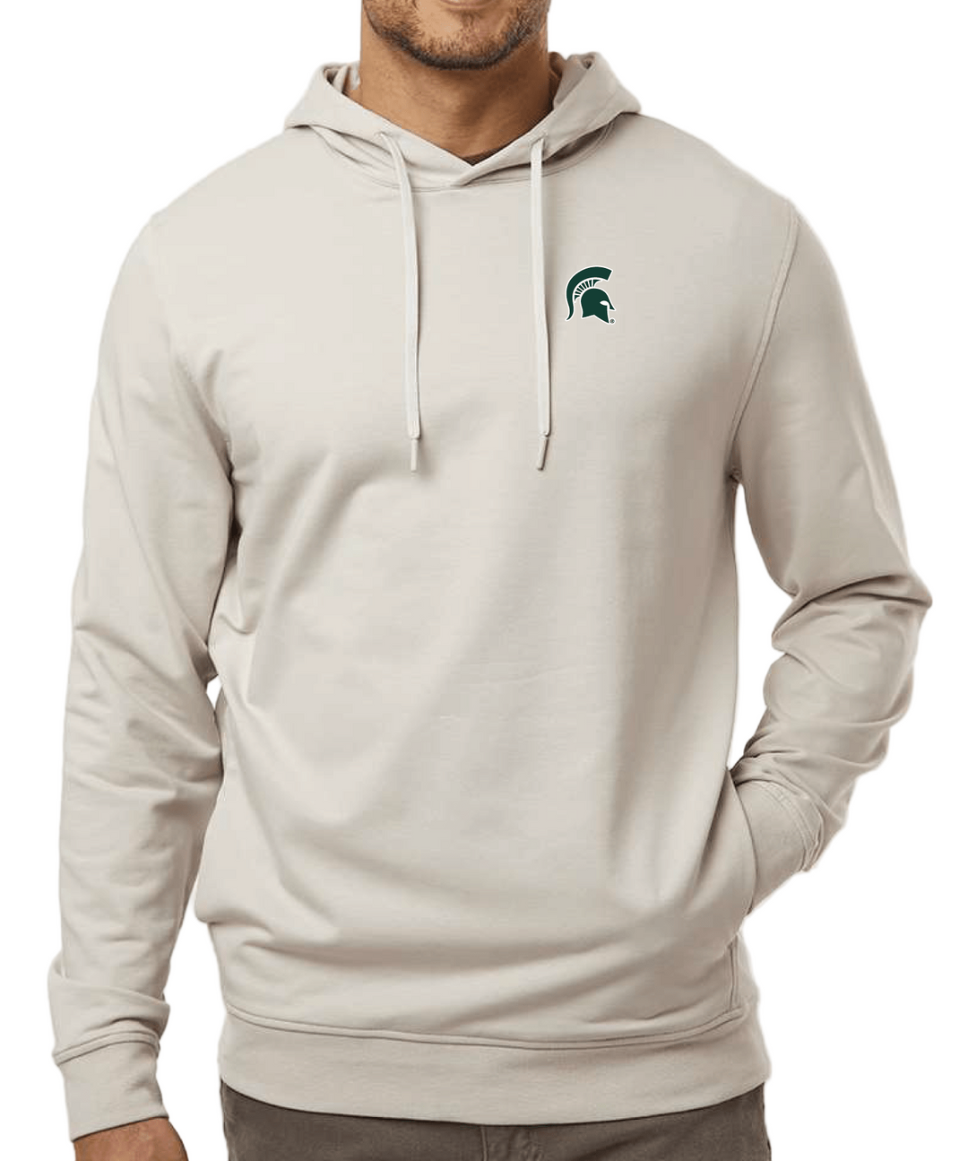 Michigan State Perform Hoodie with Spartan Helmet logo on male model on white background