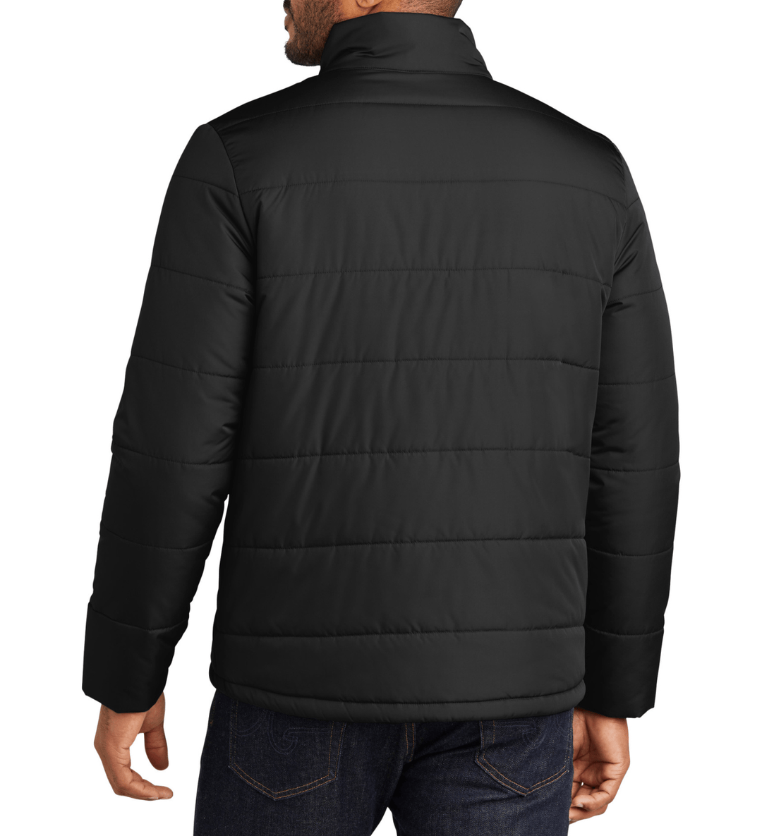Michigan State Black Puffer Jacket back view on model